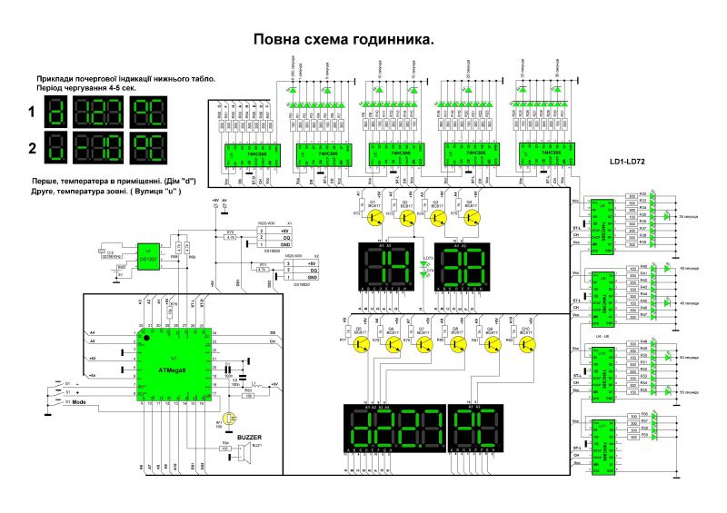 2х-канальный термометр, часы на ATmega8, LCD