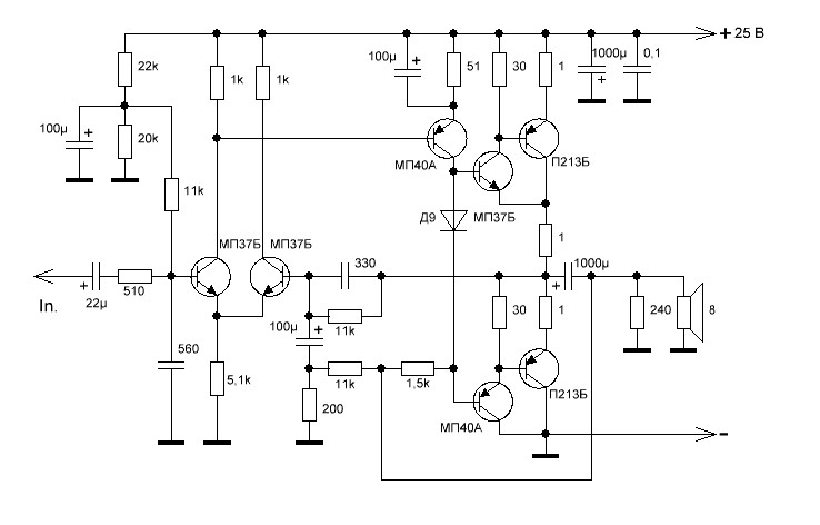 Схема УНЧ на германиевых транзисторах МП39, П213 (2Вт)