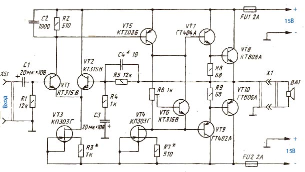 Схема усилителя звука на транзисторах кт805