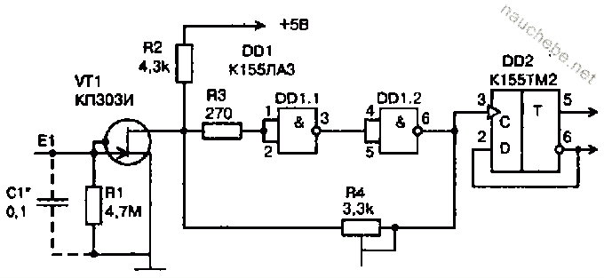 Схема сенсорного. Сенсорный выключатель на полевом транзисторе схема. Триггер на к561тл1. Одновибратор на к155ла3. Сенсорный выключатель 155тм2.
