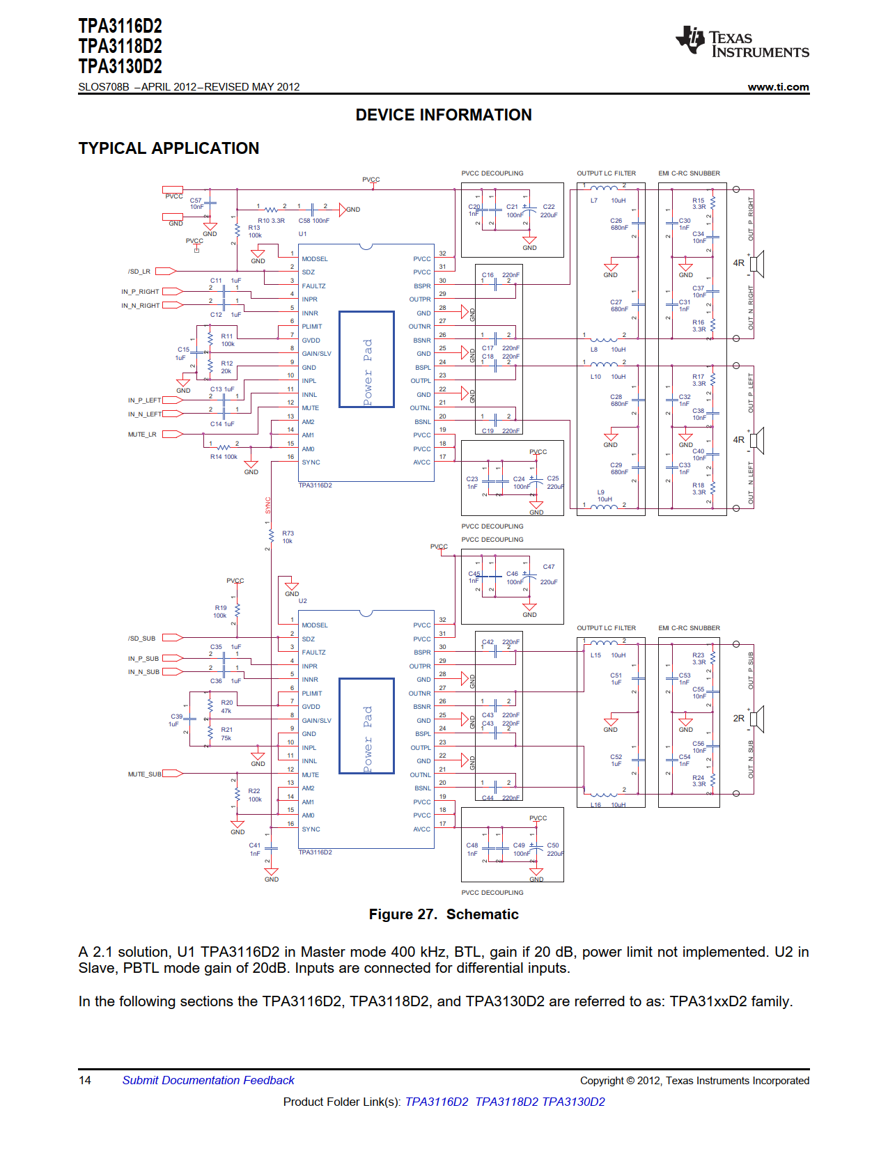 Tpa3116d2 схема усилителя