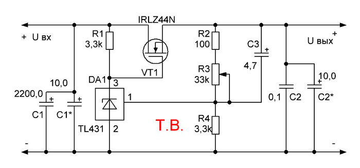 Стабилизатор напряжения на 9 вольт на транзисторе схема