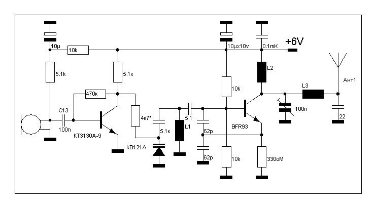 Радио-микрофон на 100 МГц. Простая и очень стабильная схема.