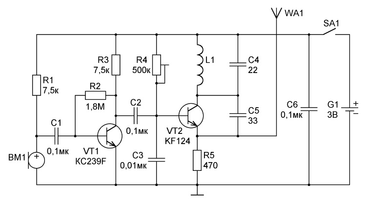Схемы радиожучков на транзисторах