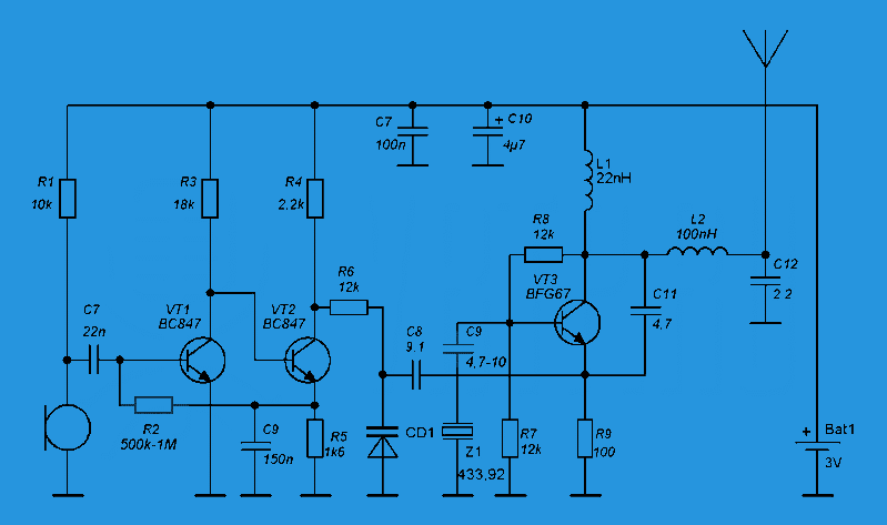 Упрощенная схема радиомикрофона 88 - 108 МГц