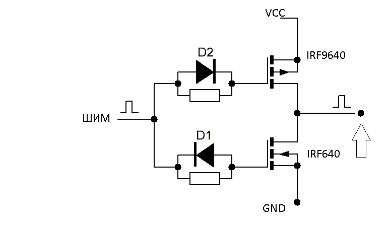 Комплиментарная пара. Усилитель ШИМ сигнала на транзисторе схема. Усилитель на irf640n. ШИМ Генератор на транзисторах схема. Irf640n схема включения.