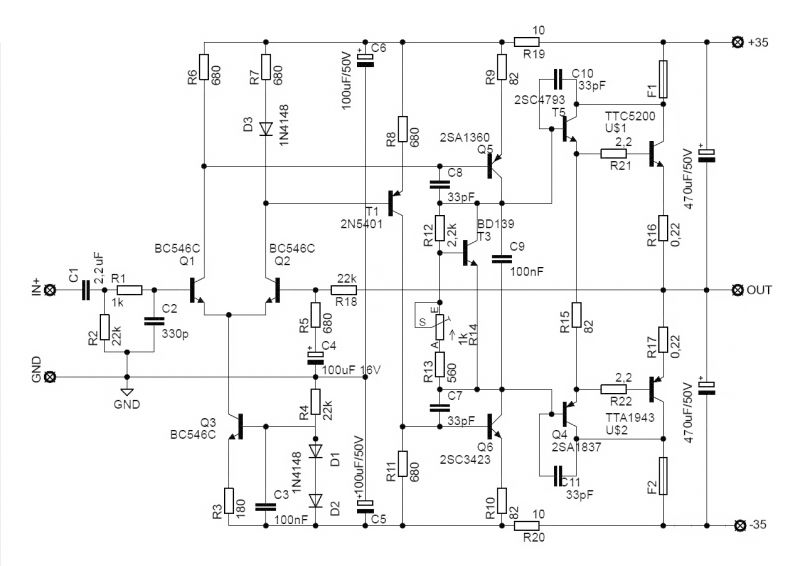 Схема усилителя ланзар на 2sc5200 и 2sa1943