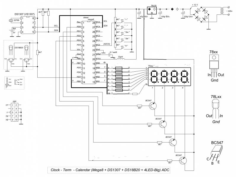 Схема часов термометра. Led часы на attiny2313 и ds1307. Часы-термометр схема на атмега8. Часы на atmega8 и семисегментном индикаторе. # Часы-календарь-термометр (mega8+ds1307+ds18b20+4led).