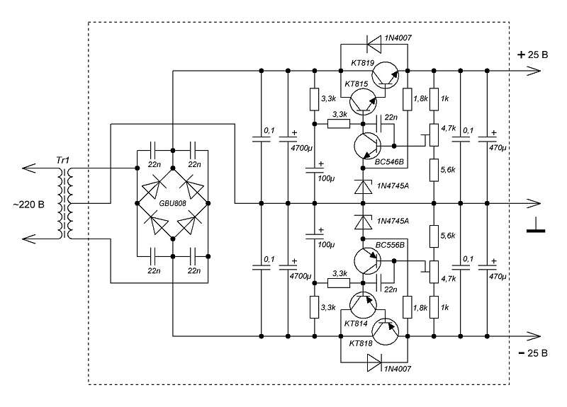 Схема двухполярного стабилизатора напряжения